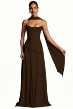 Scarf-Neck Ruched A-Line Evening Gown