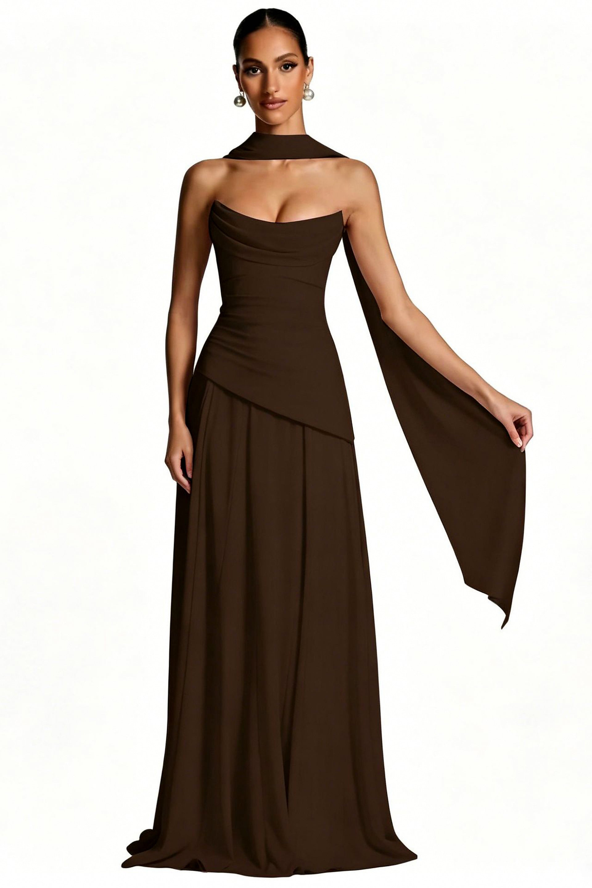 Scarf-Neck Ruched A-Line Evening Gown