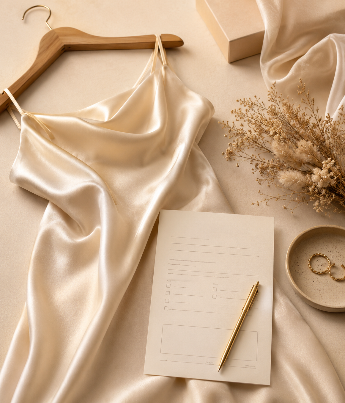 Return request form beside an evening dress