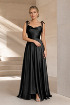 Tie-Strap Cowl-Neck A-Line Evening Gown