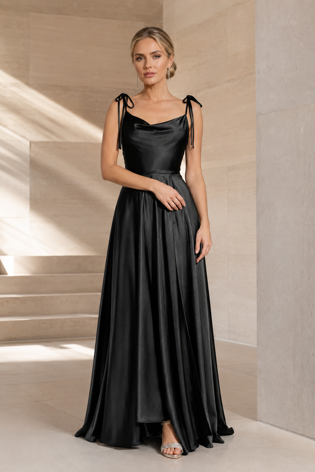 Tie-Strap Cowl-Neck A-Line Evening Gown