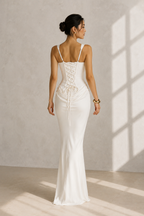 Square Neck Ruched Column Evening Gown with Lace-Up Back