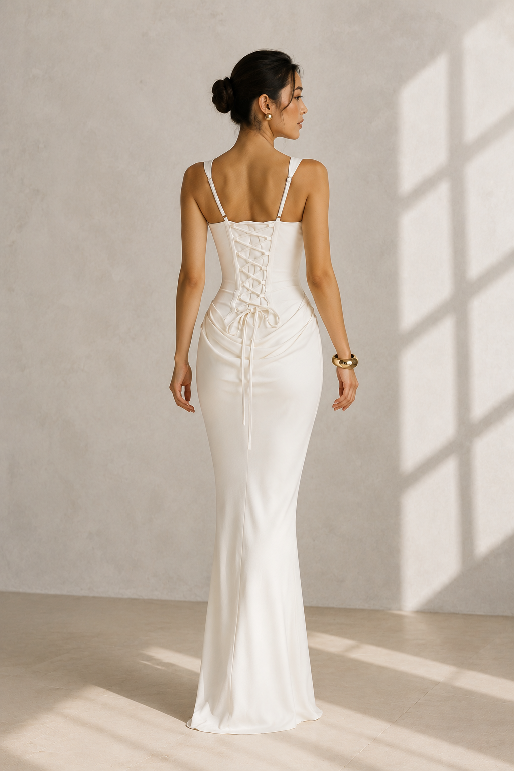 Square Neck Ruched Column Evening Gown with Lace-Up Back
