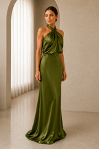 Olive green asymmetric draped halter A-line evening gown