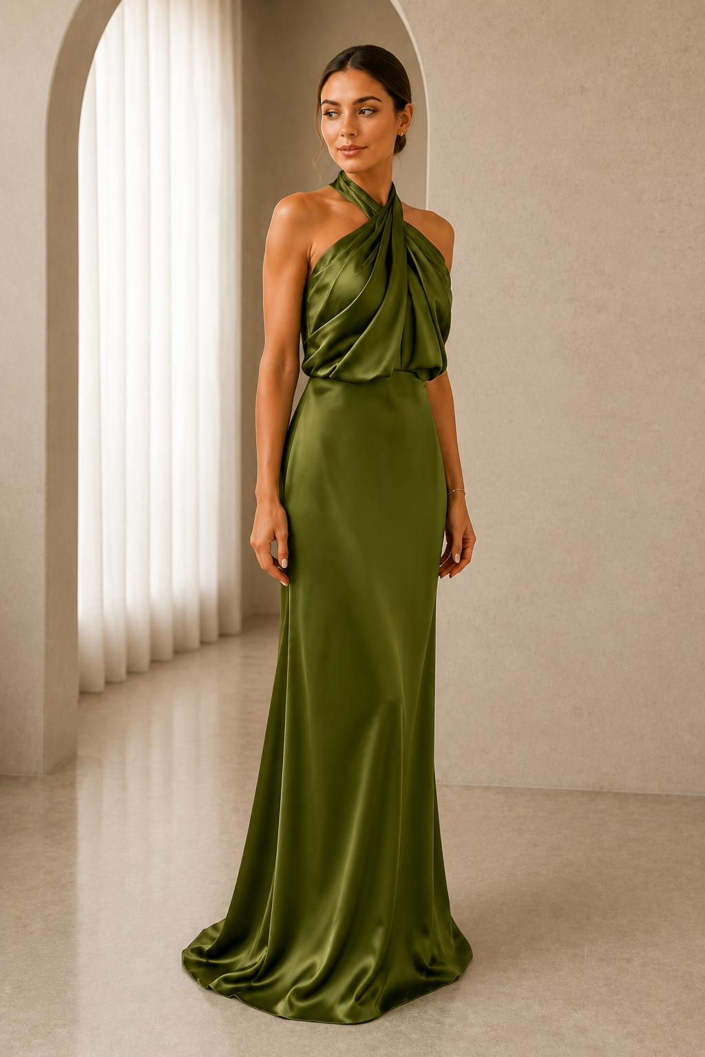 Asymmetric Draped Halter A-Line Evening Gown
