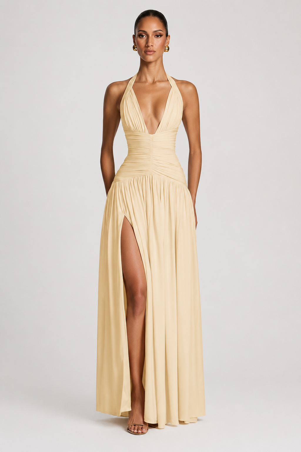 Deep-V Halter High-Slit A-Line Evening Gown