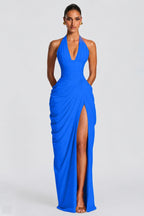 Deep V Halter Ruched High-Slit Evening Gown