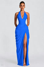 Azure blue deep V halter ruched high-slit evening gown