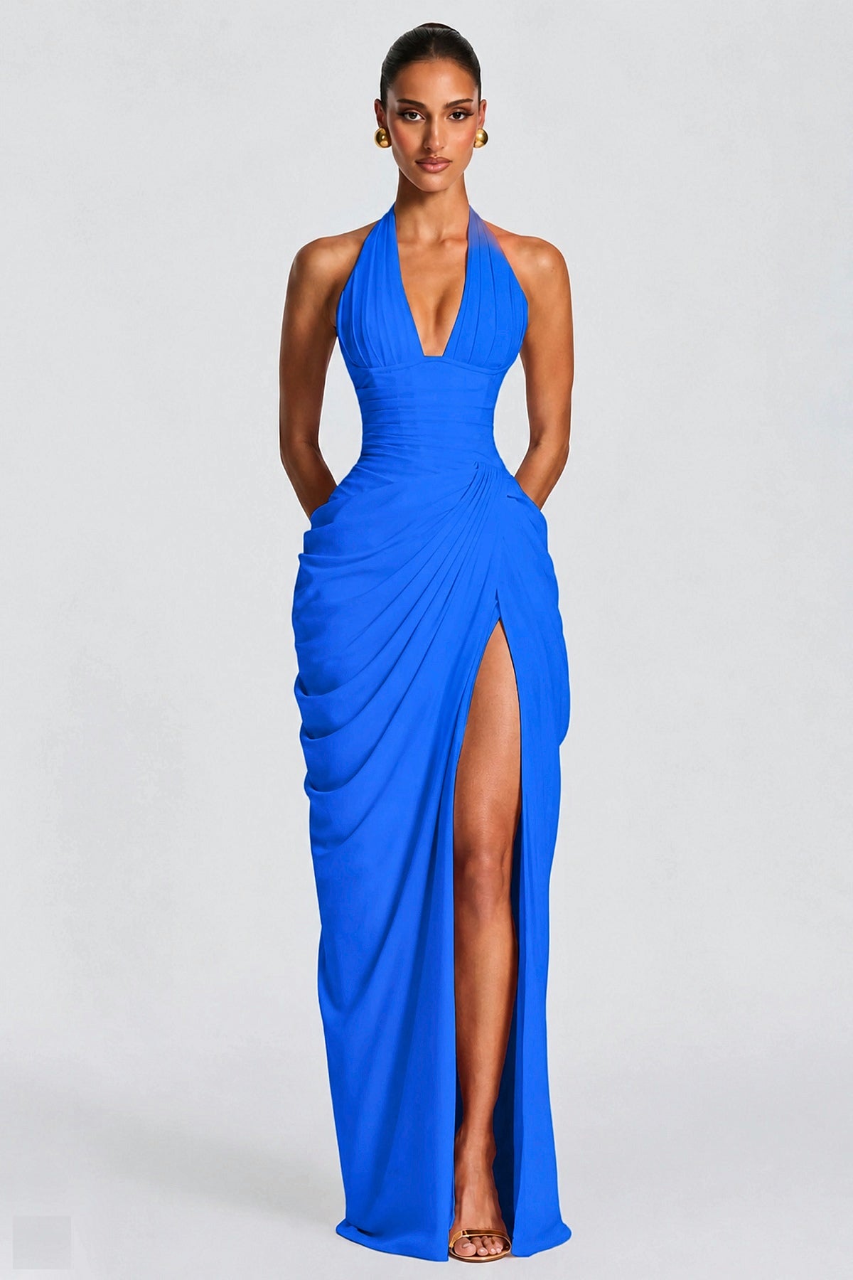 Deep V Halter Ruched High-Slit Evening Gown