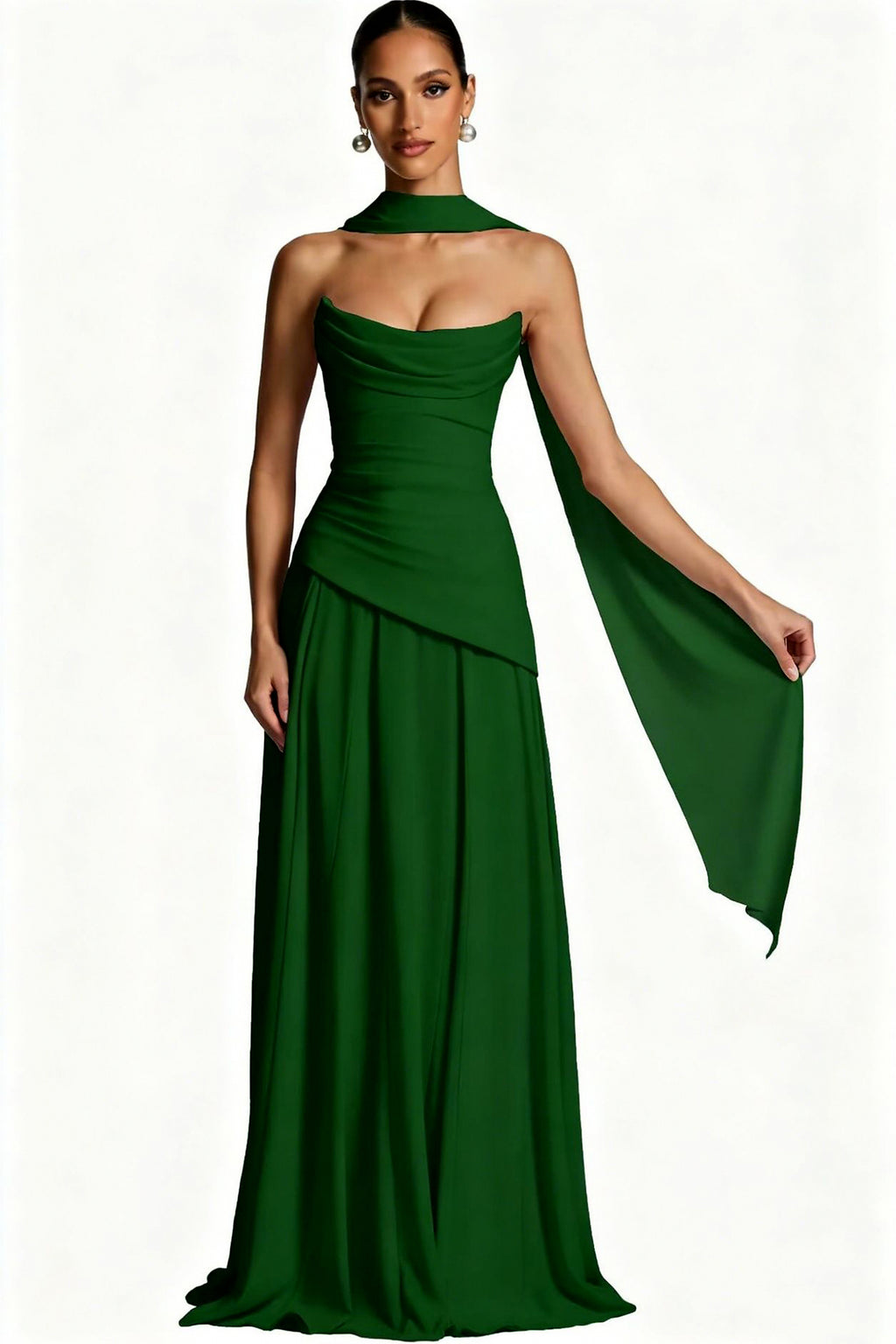 Scarf-Neck Ruched A-Line Evening Gown