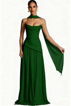 Scarf-Neck Ruched A-Line Evening Gown