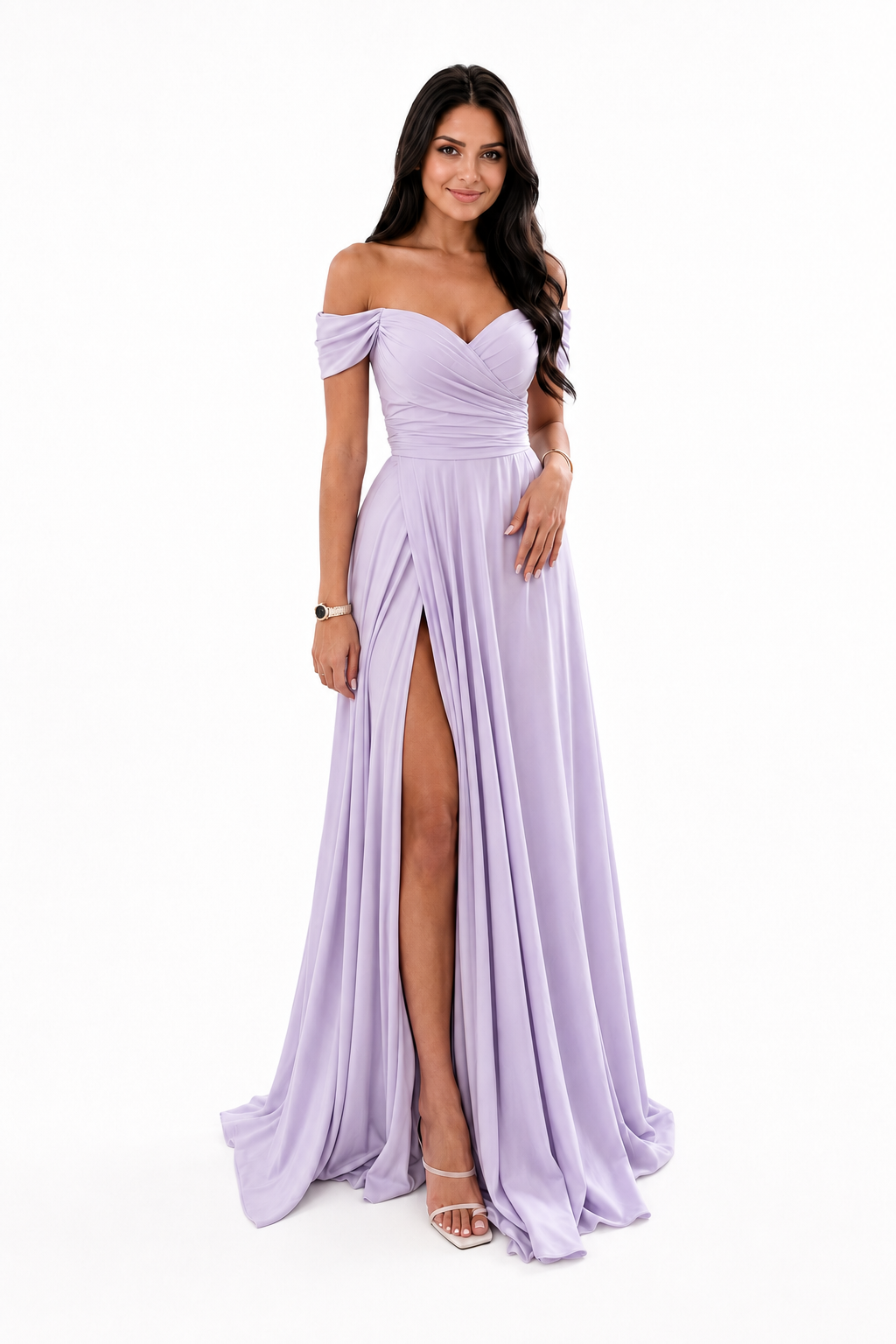 Off-Shoulder Ruched A-Line Evening Gown with Slit