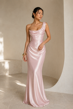 Blush pink off-shoulder satin column evening gown draping detail