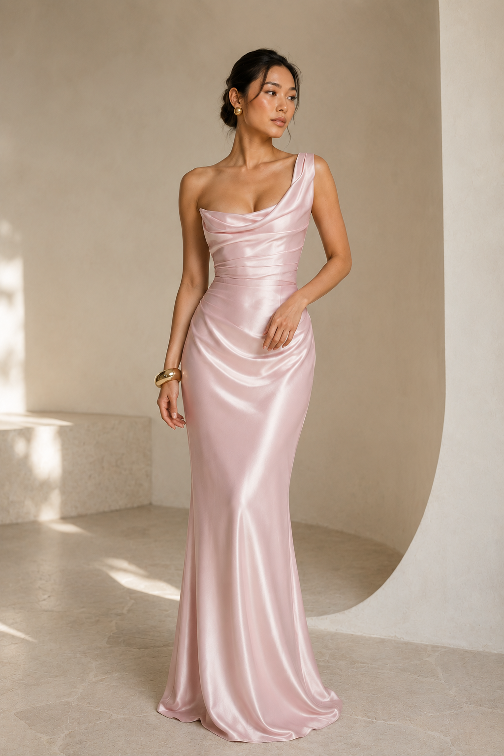 Draped Off-Shoulder Satin Column Gown