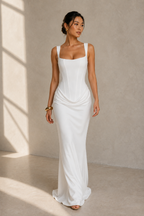 Square Neck Ruched Column Evening Gown with Lace-Up Back