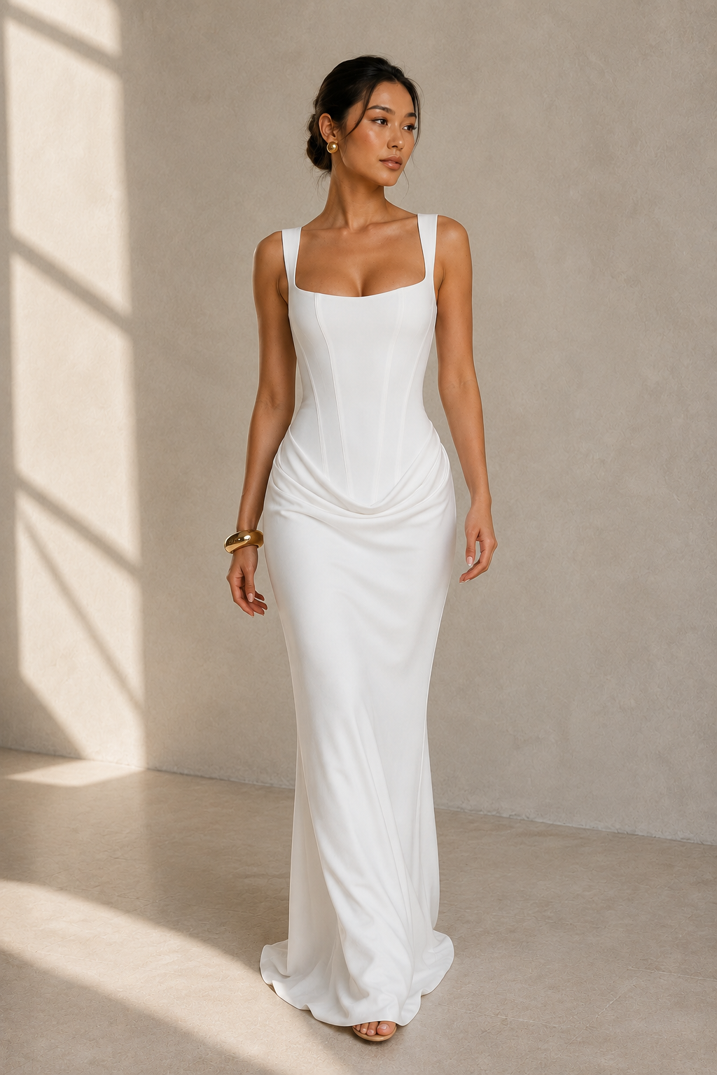 Square Neck Ruched Column Evening Gown with Lace-Up Back