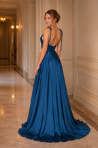 Tie-Strap Cowl-Neck A-Line Evening Gown