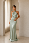 Aqua blue asymmetric draped halter A-line evening gown