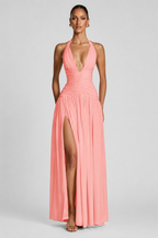 Deep-V Halter High-Slit A-Line Evening Gown