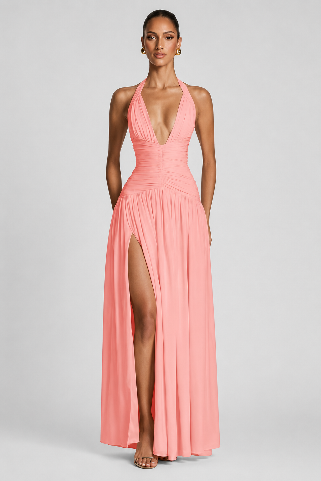 Deep-V Halter High-Slit A-Line Evening Gown