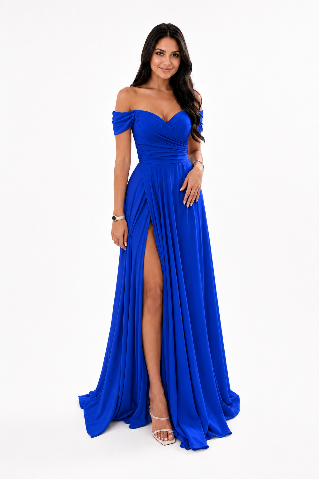 Off-Shoulder Ruched A-Line Evening Gown with Slit