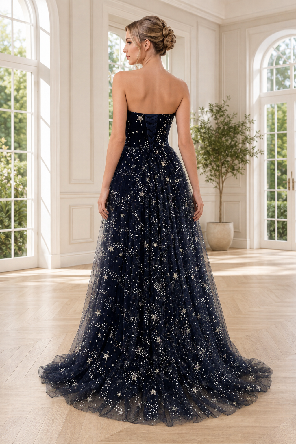 Sweetheart Star-Print A-Line Formal Gown