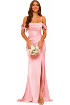 Draped Off-Shoulder A-Line Evening Gown with Side Slit