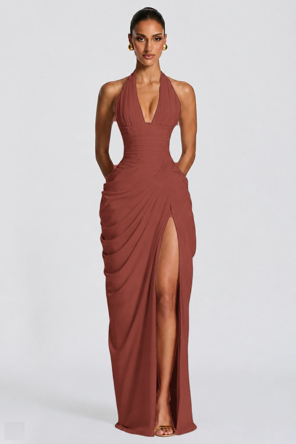 Deep V Halter Ruched High-Slit Evening Gown