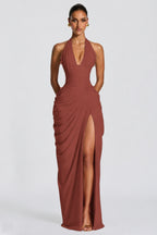 Deep V Halter Ruched High-Slit Evening Gown