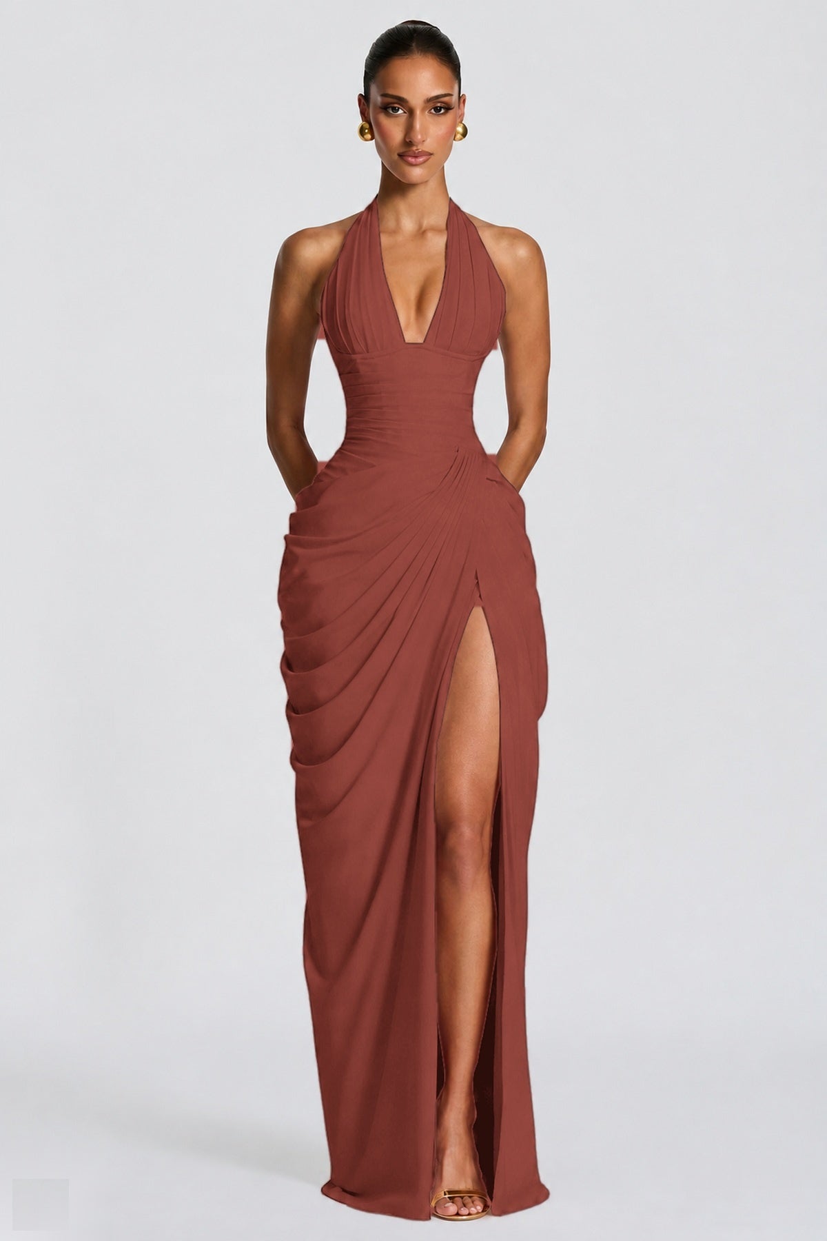 Deep V Halter Ruched High-Slit Evening Gown
