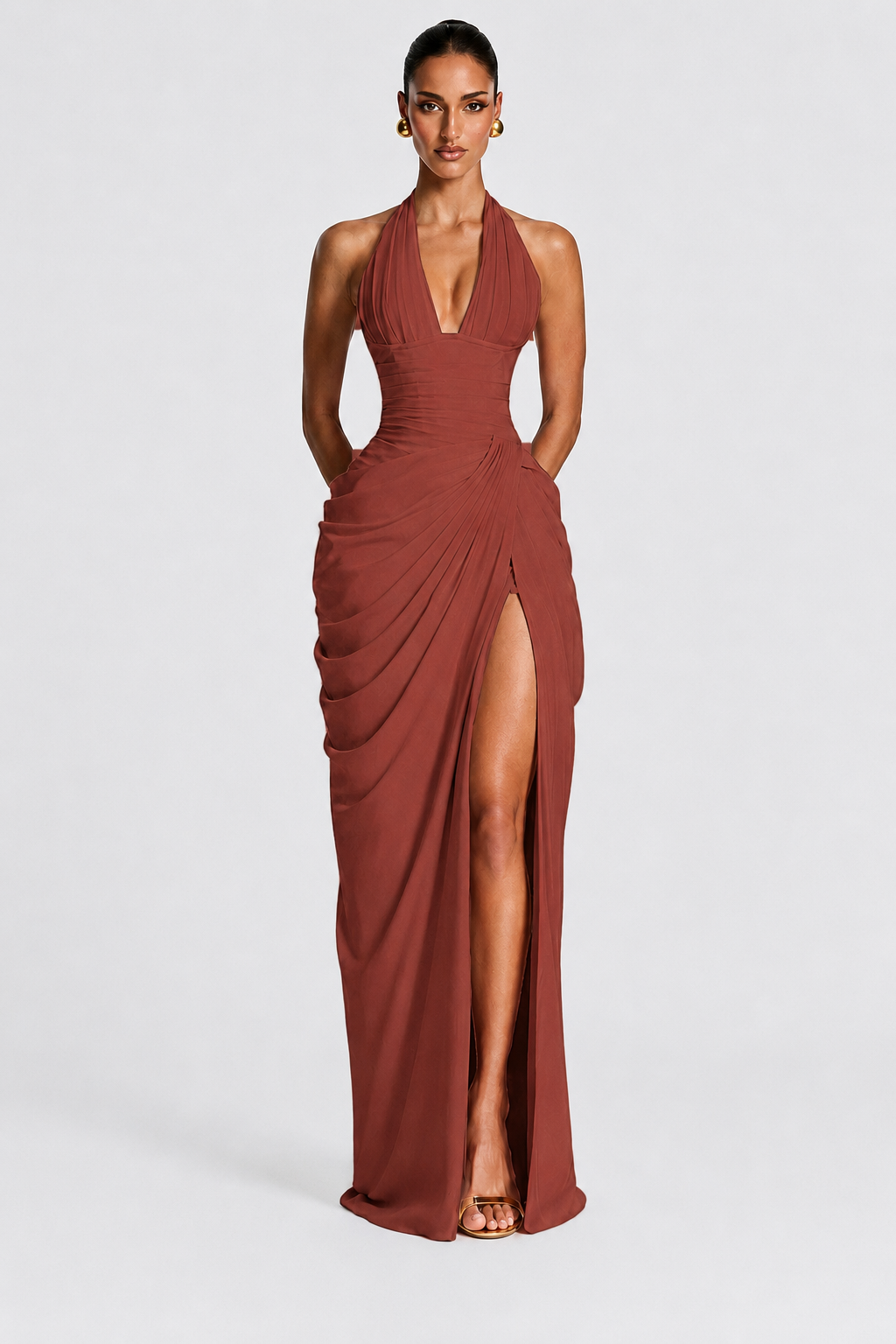 Deep V Halter Ruched High-Slit Evening Gown