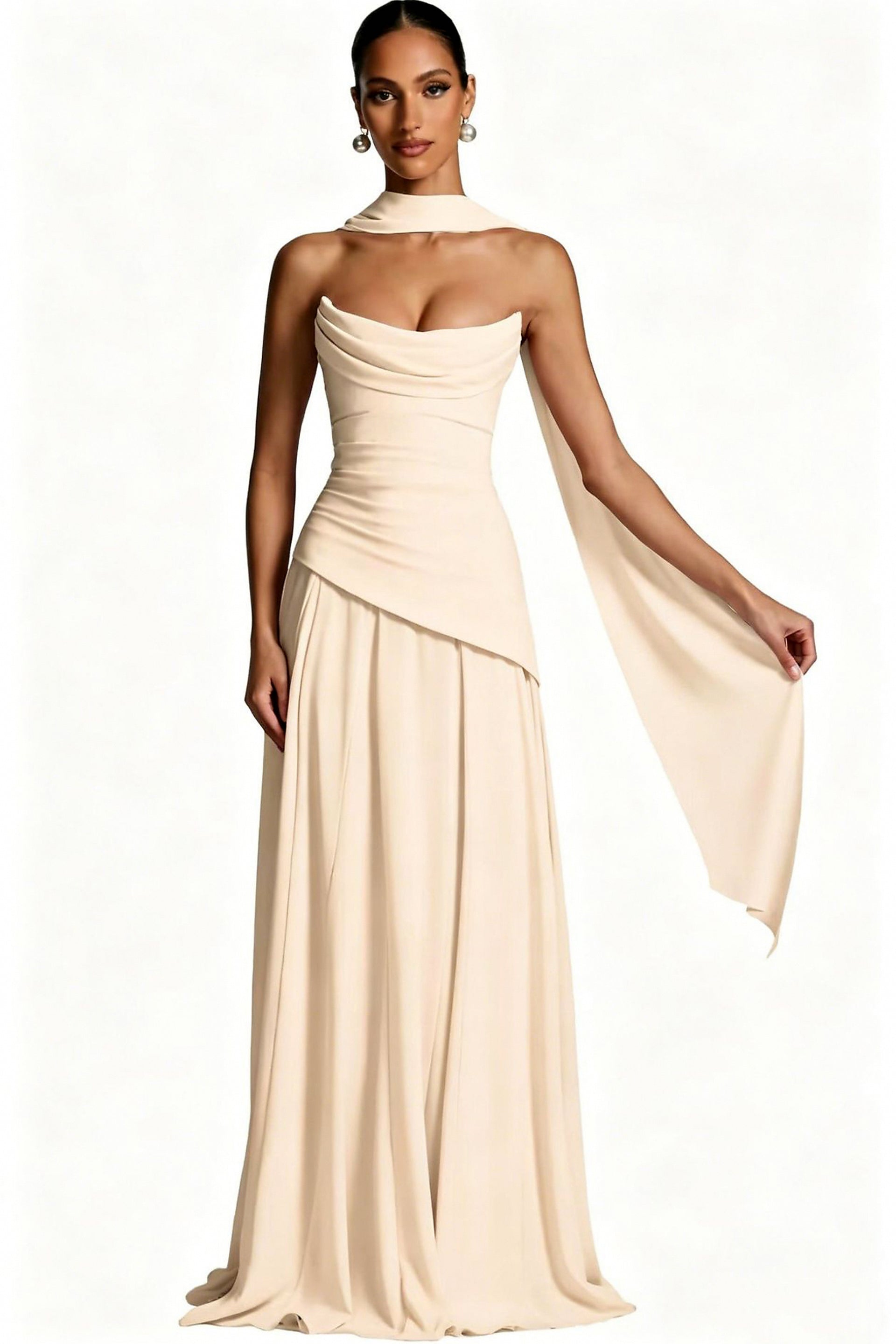 Scarf-Neck Ruched A-Line Evening Gown