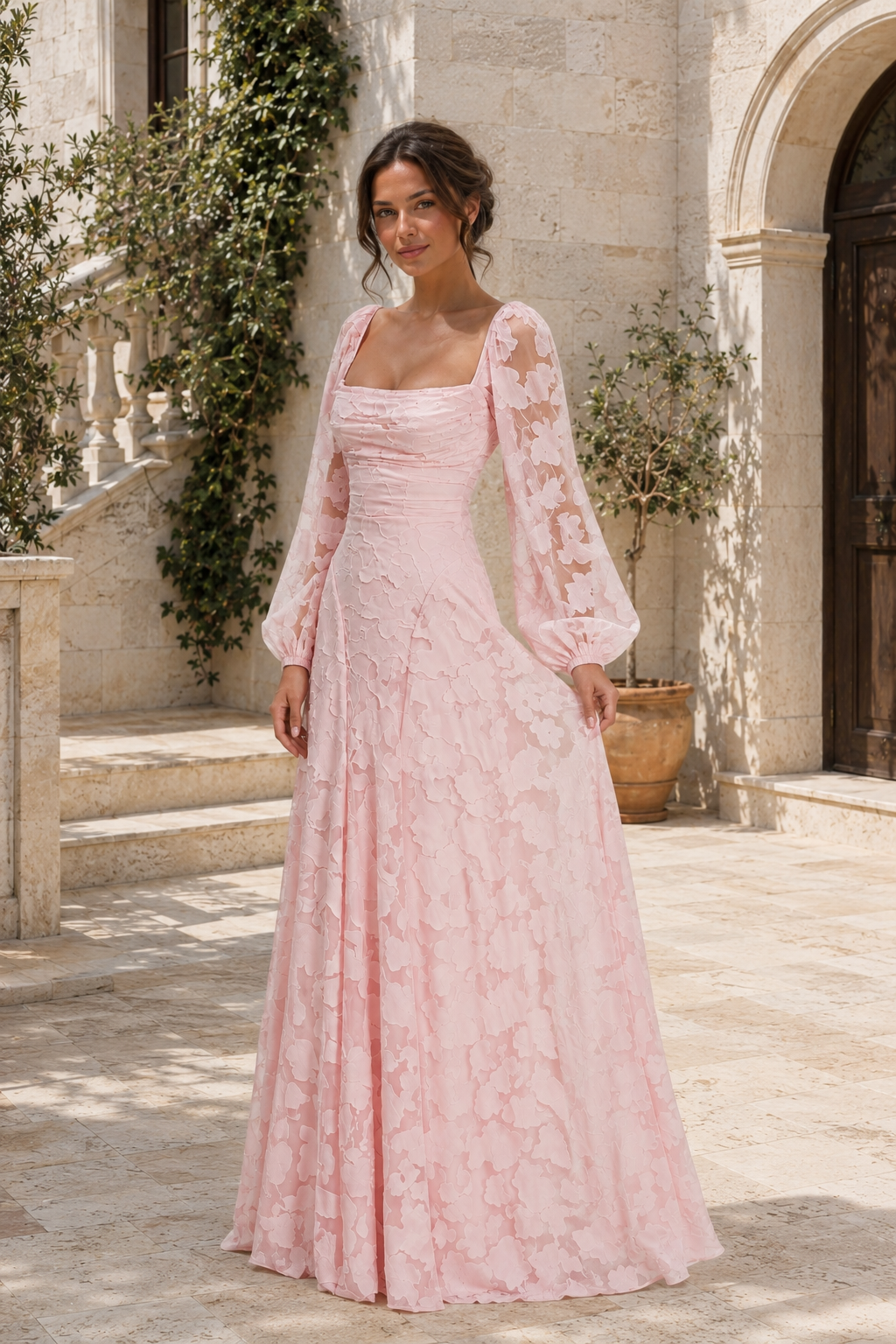 Pink Floral Appliqué Square-Neck A-Line Gown