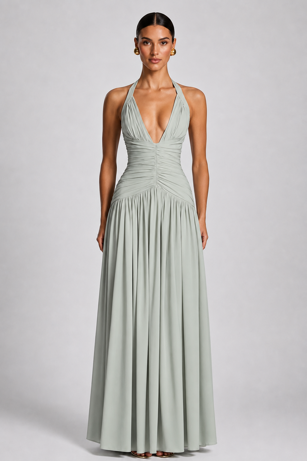 Deep-V Halter High-Slit A-Line Evening Gown