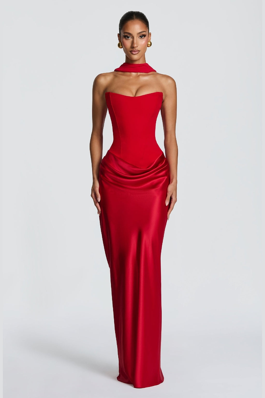 Strapless Draped Column Evening Gown