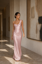 Blush pink off-shoulder satin column evening gown formal lifestyle view