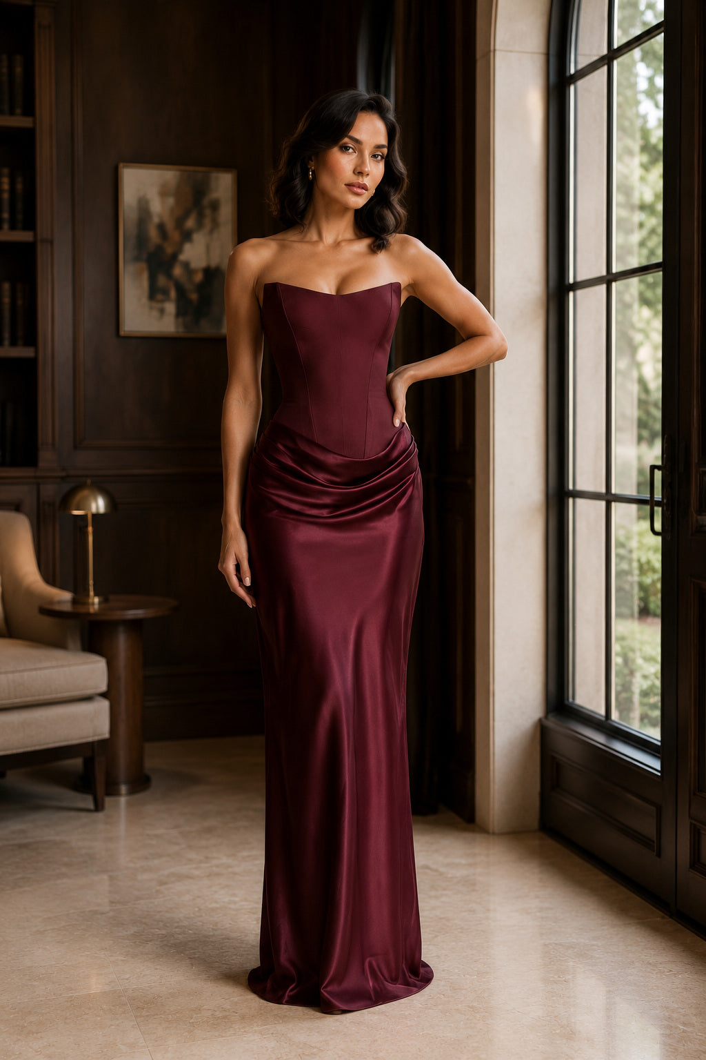 Strapless Draped Column Evening Gown