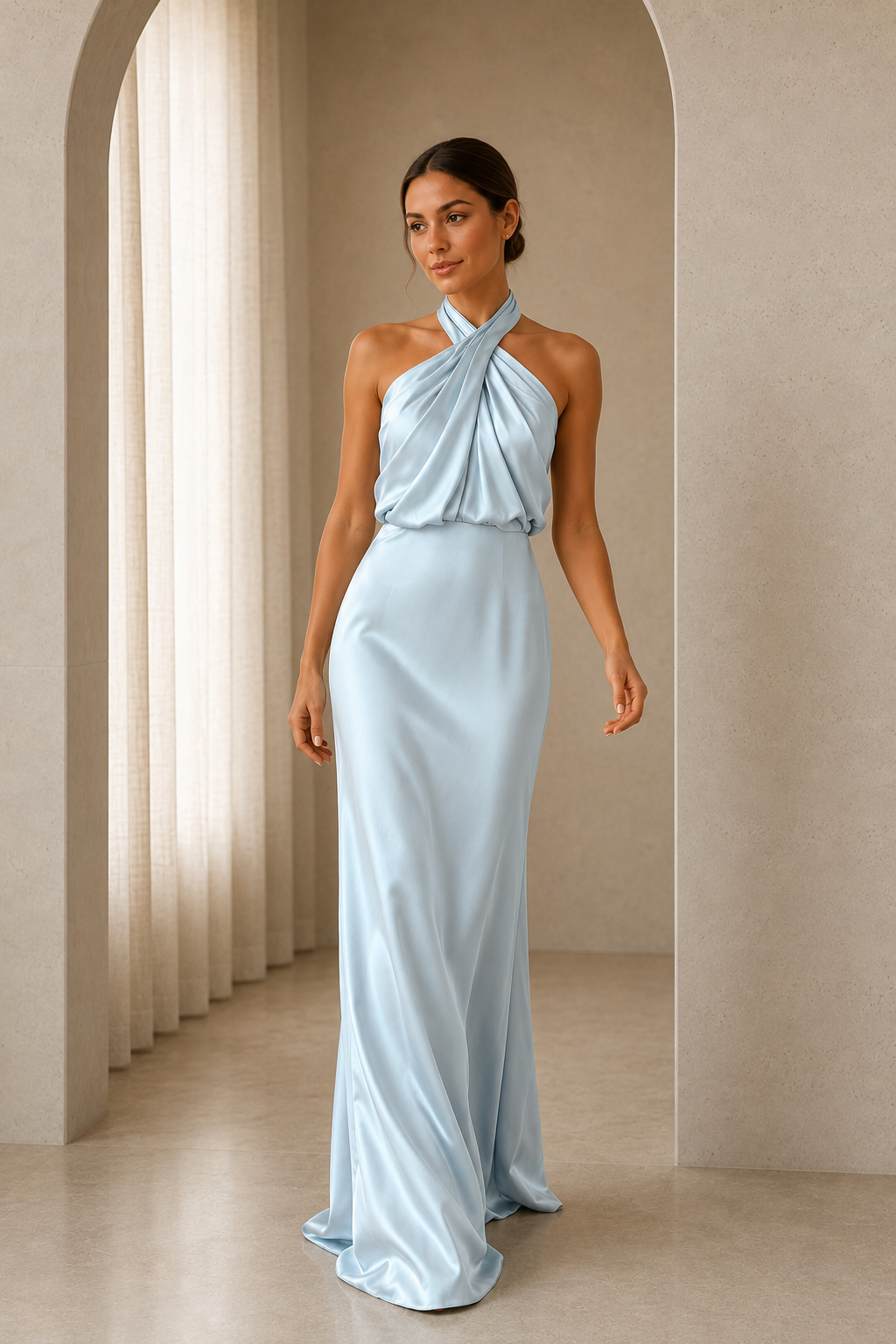 Asymmetric Draped Halter A-Line Evening Gown