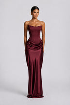 Strapless Draped Column Evening Gown
