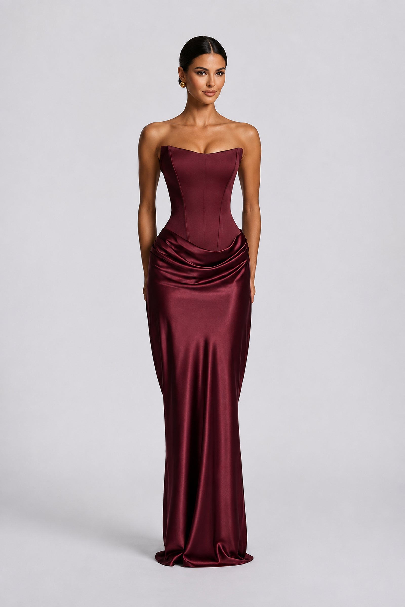 Strapless Draped Column Evening Gown