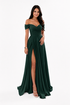 Off-Shoulder Ruched A-Line Evening Gown with Slit