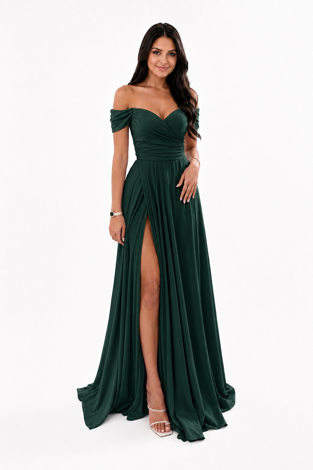 Off-Shoulder Ruched A-Line Evening Gown with Slit