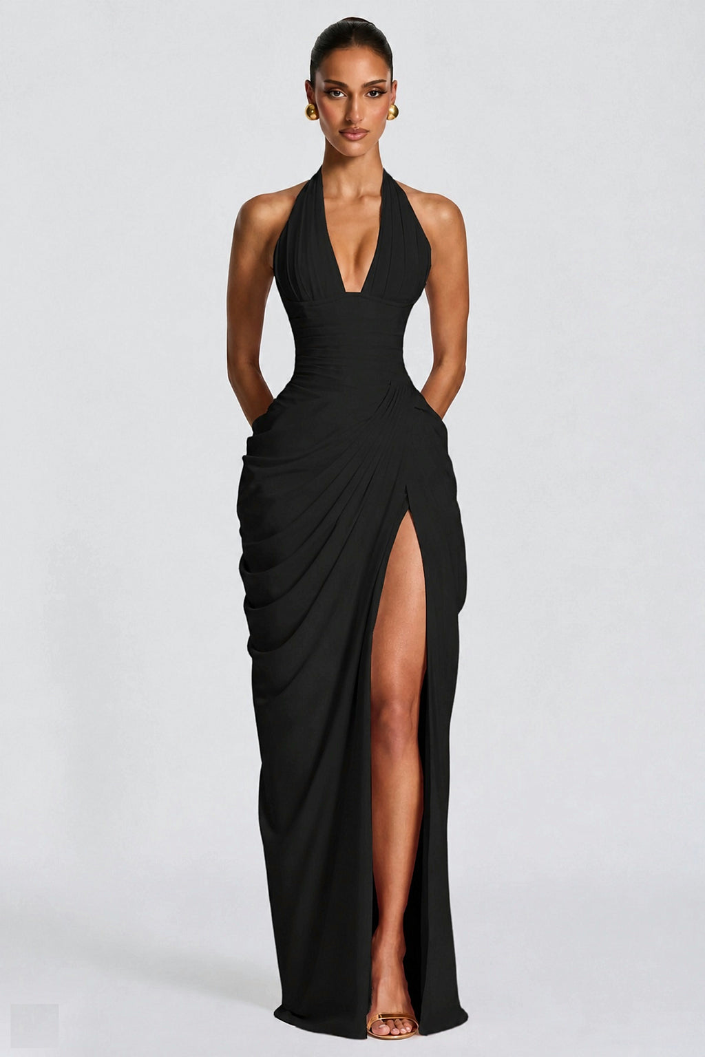 Black deep V halter ruched high-slit evening gown