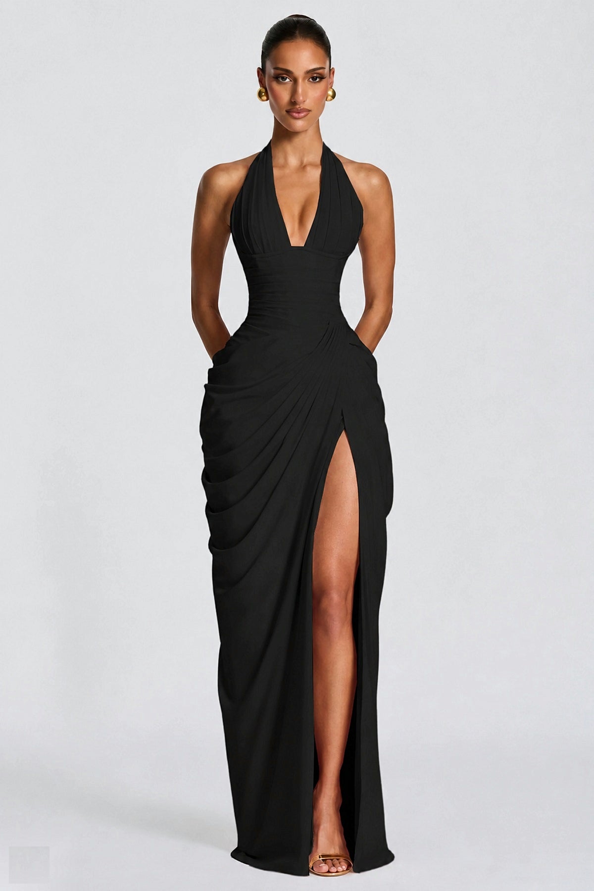 Deep V Halter Ruched High-Slit Evening Gown