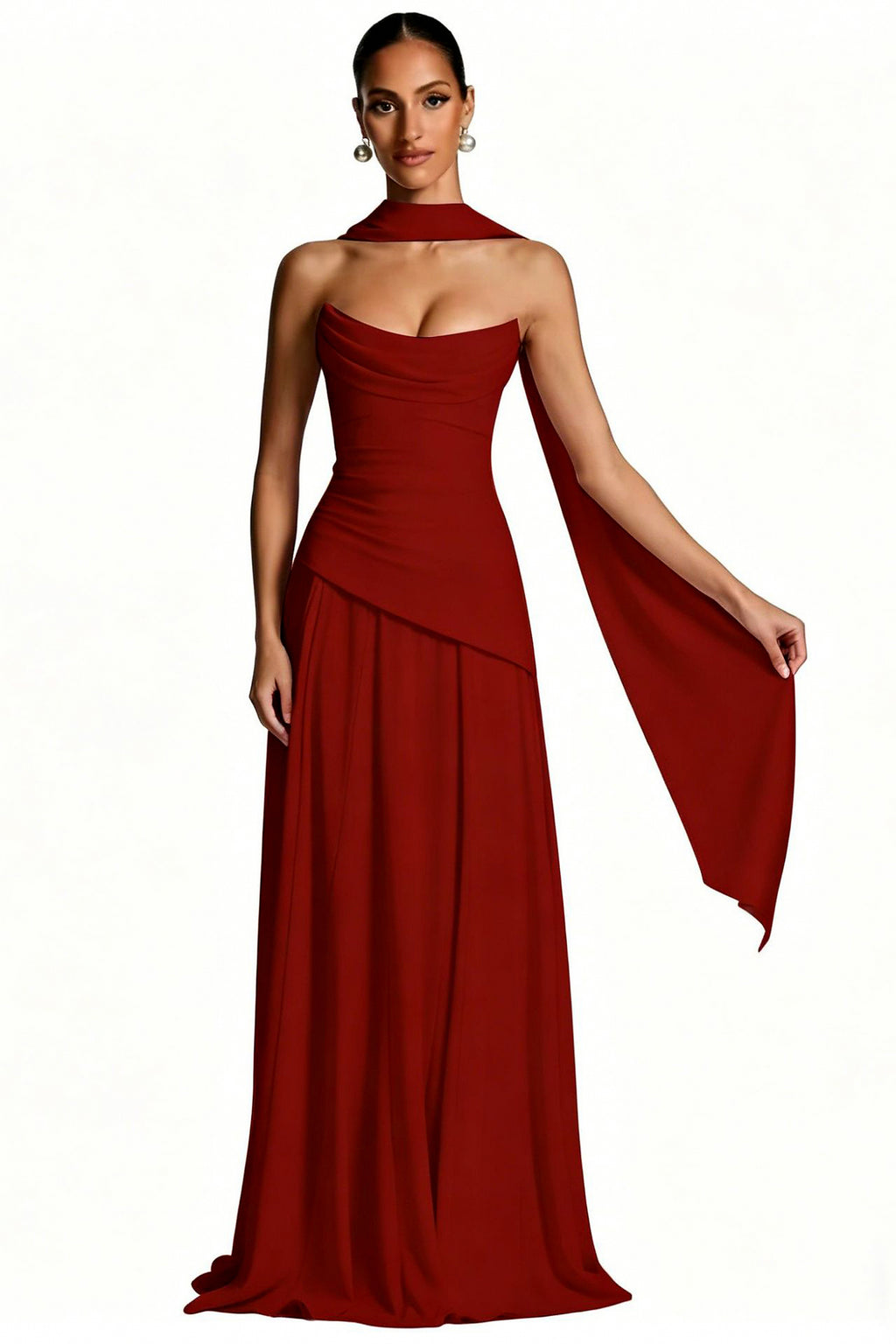 Scarf-Neck Ruched A-Line Evening Gown