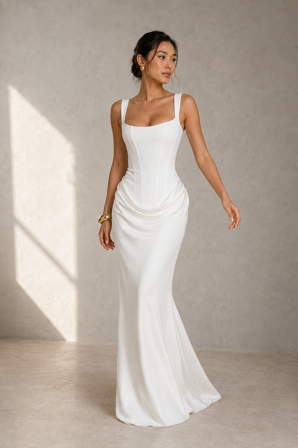 Square Neck Ruched Column Evening Gown with Lace-Up Back