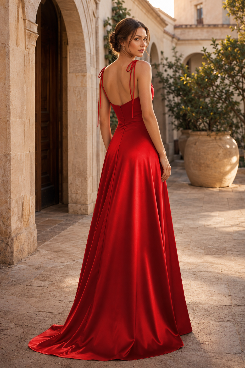 Tie-Strap Cowl-Neck A-Line Evening Gown