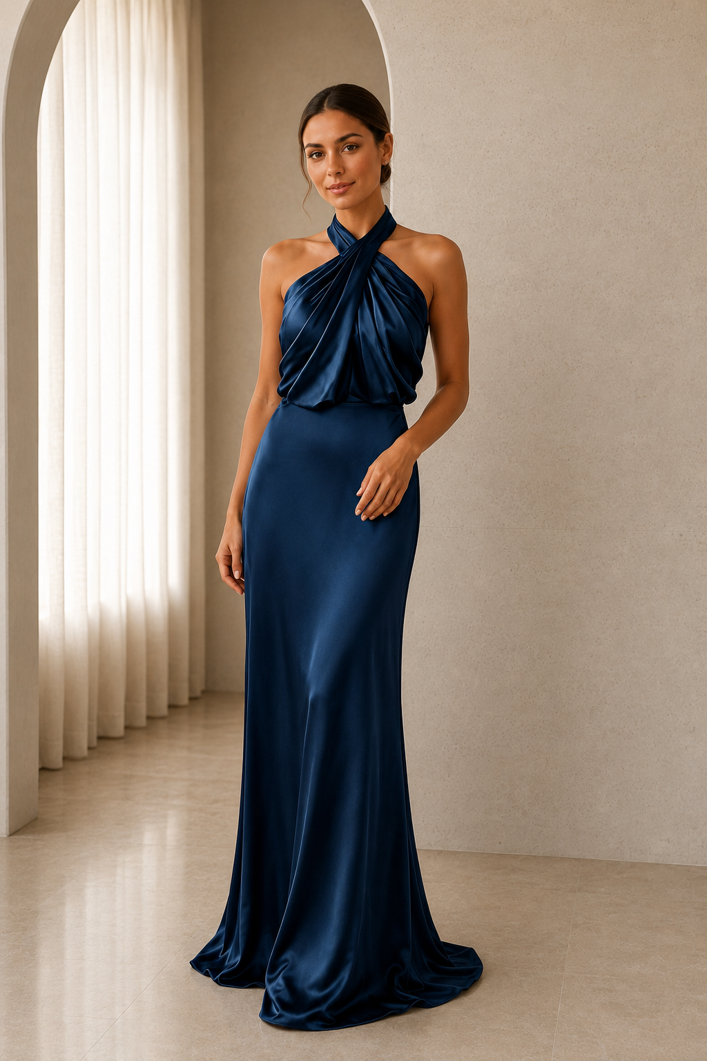 Asymmetric Draped Halter A-Line Evening Gown
