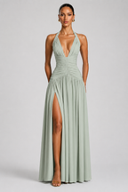 Deep-V Halter High-Slit A-Line Evening Gown
