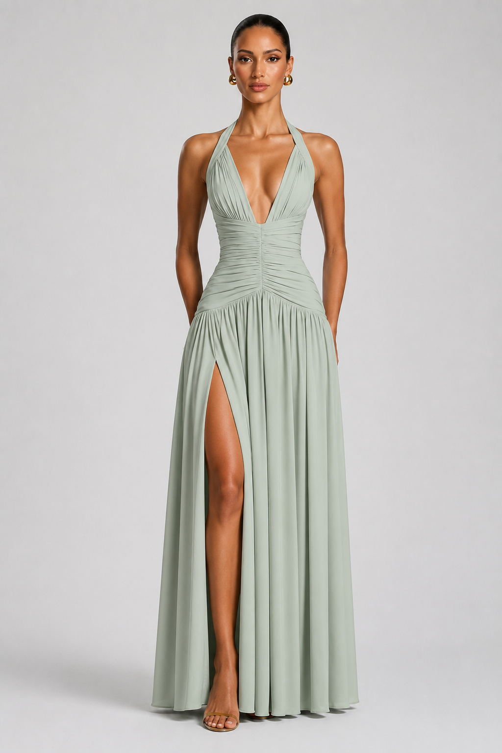 Deep-V Halter High-Slit A-Line Evening Gown